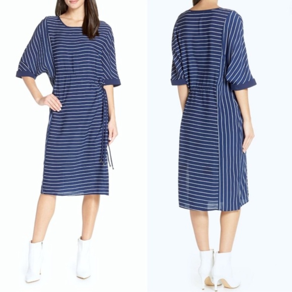 CAARA Navy Lorna‎ Stripe Adjustable Waist Women's
Midi Dress Size Medium